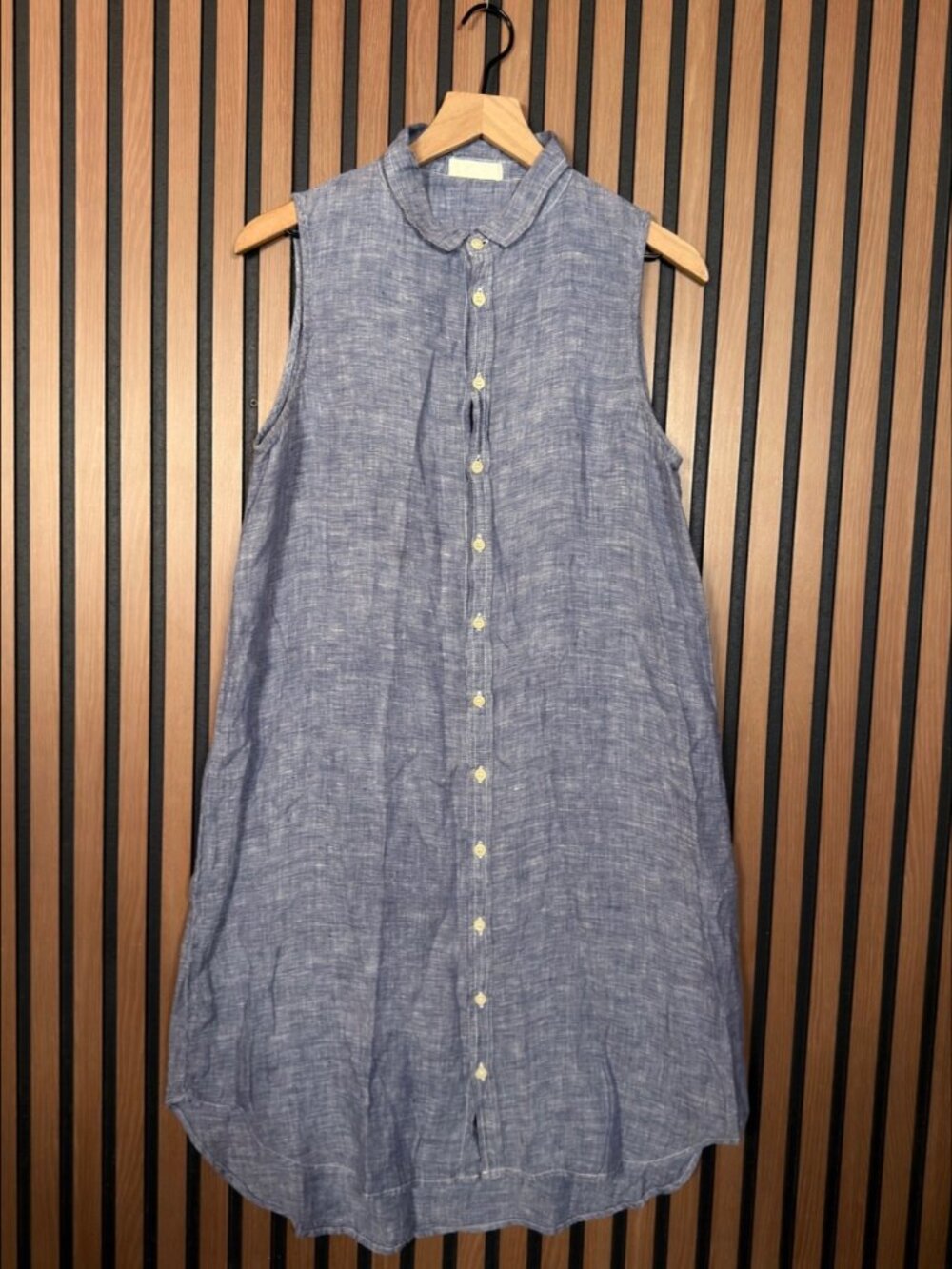 CP Shades Shirt Dress Small Blue Gray Button Front Colared Sleeveless 100% Linen